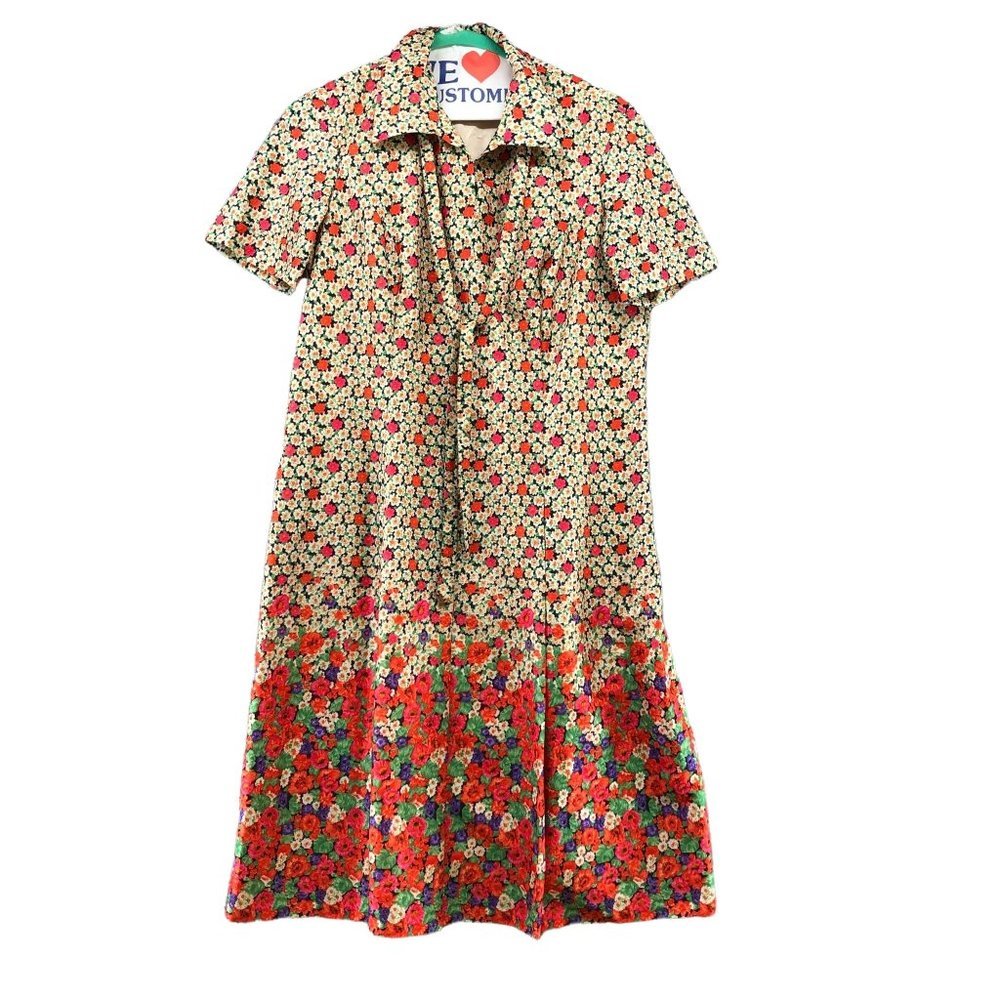 Vintage Floral Midi Dress - Red and Cream